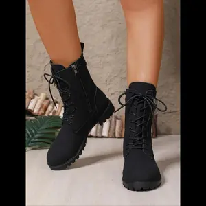 Women's waterproof ankle boots with side zipper design, lace up combat boots for walking and work, fashionable leather platform short boots for girls' shoes