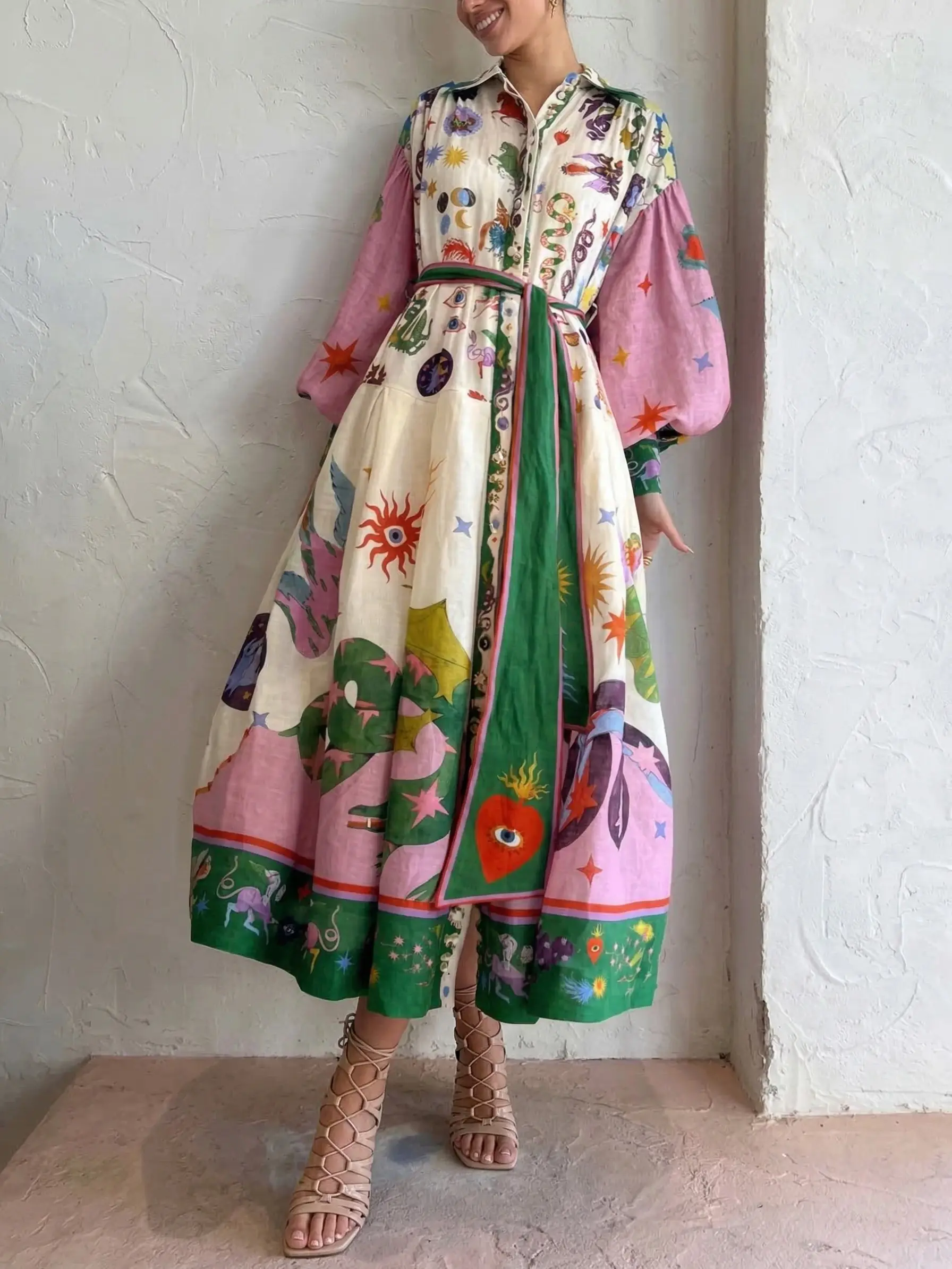 LikeMyChoice 2026 Unique Retro Print Long Sleeve Shirt-Style Midi Dress for Women Casual Wear - Womenswear weddingguestdress