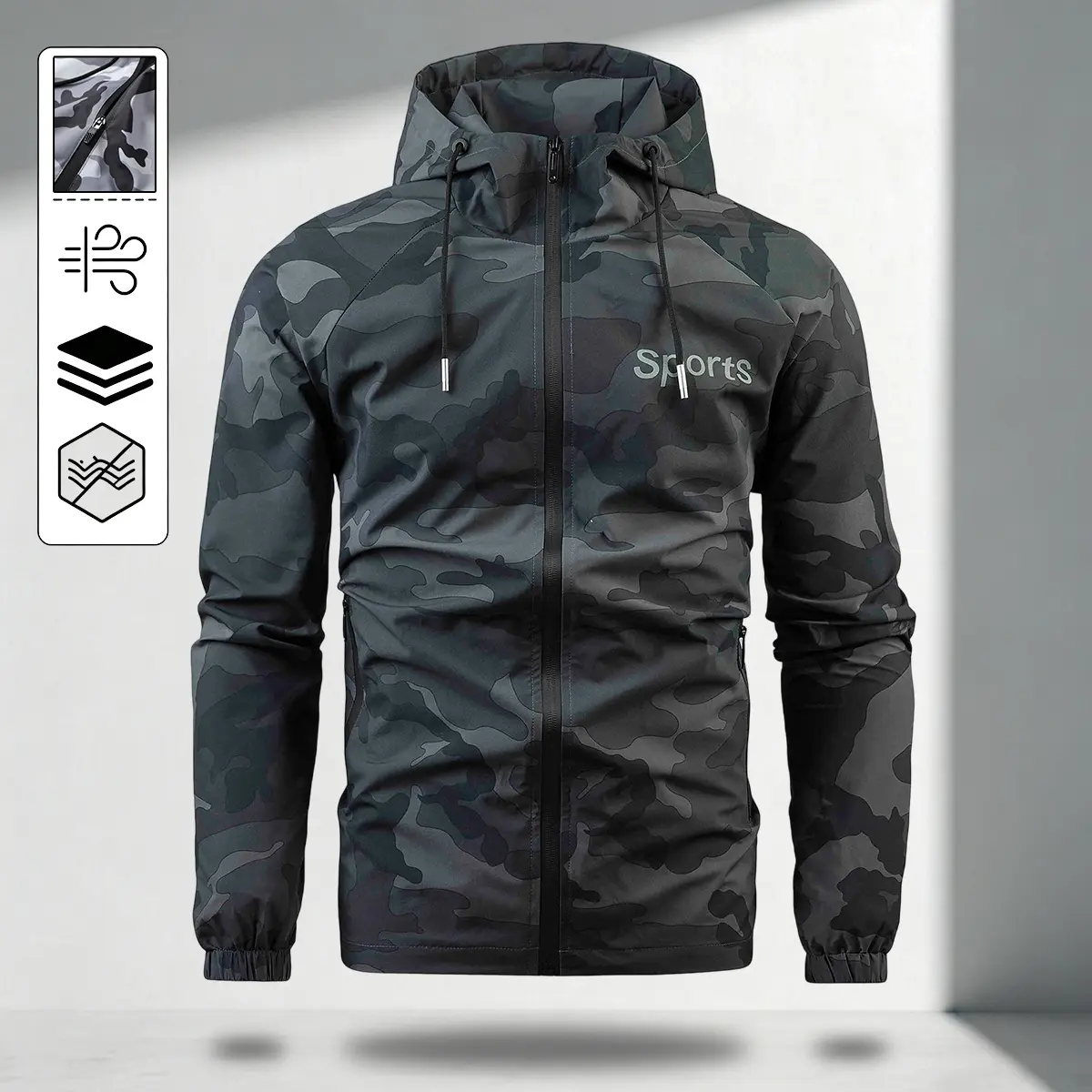 JOGWAVE Men’s Casual Hooded Jacket - Mixed camouflage pattern, zip design with pockets, polyester lining, regular fit, suitable for outdoor and casual wear, casual outdoor apparel | Camouflage jacket | Zip-up jacket