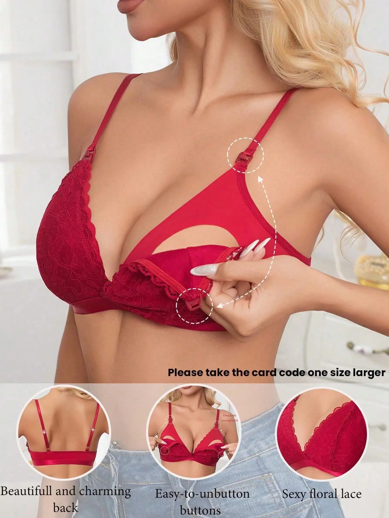 Zesty Kini Maternity Front-Open Nursing Bra Sexy Floral Lace Adjustable Shoulder Straps Comfortable Wireless Supportive Bra