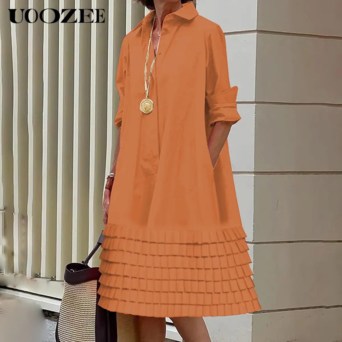 UOOZEE Women's 2026 New Minimalist Collared Woven Solid Color Cotton Button Shirt  Dress - Long Sleeves, Tiered, Loose, Flat, Elegant, Midi Length, Pleated  Hem, Pockets - Suitable for Office, Everyday Casual Wear - TikTok Shop
