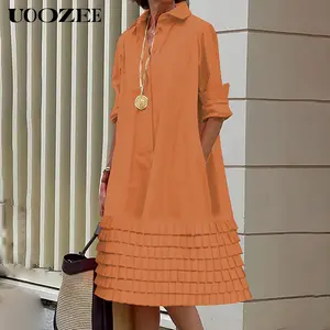 UOOZEE Women's 2026 New Basic Minimalist Collared Woven Solid Color Cotton Button Shirt Dress - Long Sleeves, Tiered, Loose, Flat, Elegant, Midi Length, Pleated Hem, Pockets, Lightweight Breathable Fabric - Suitable for Office Wear, Everyday Casual
