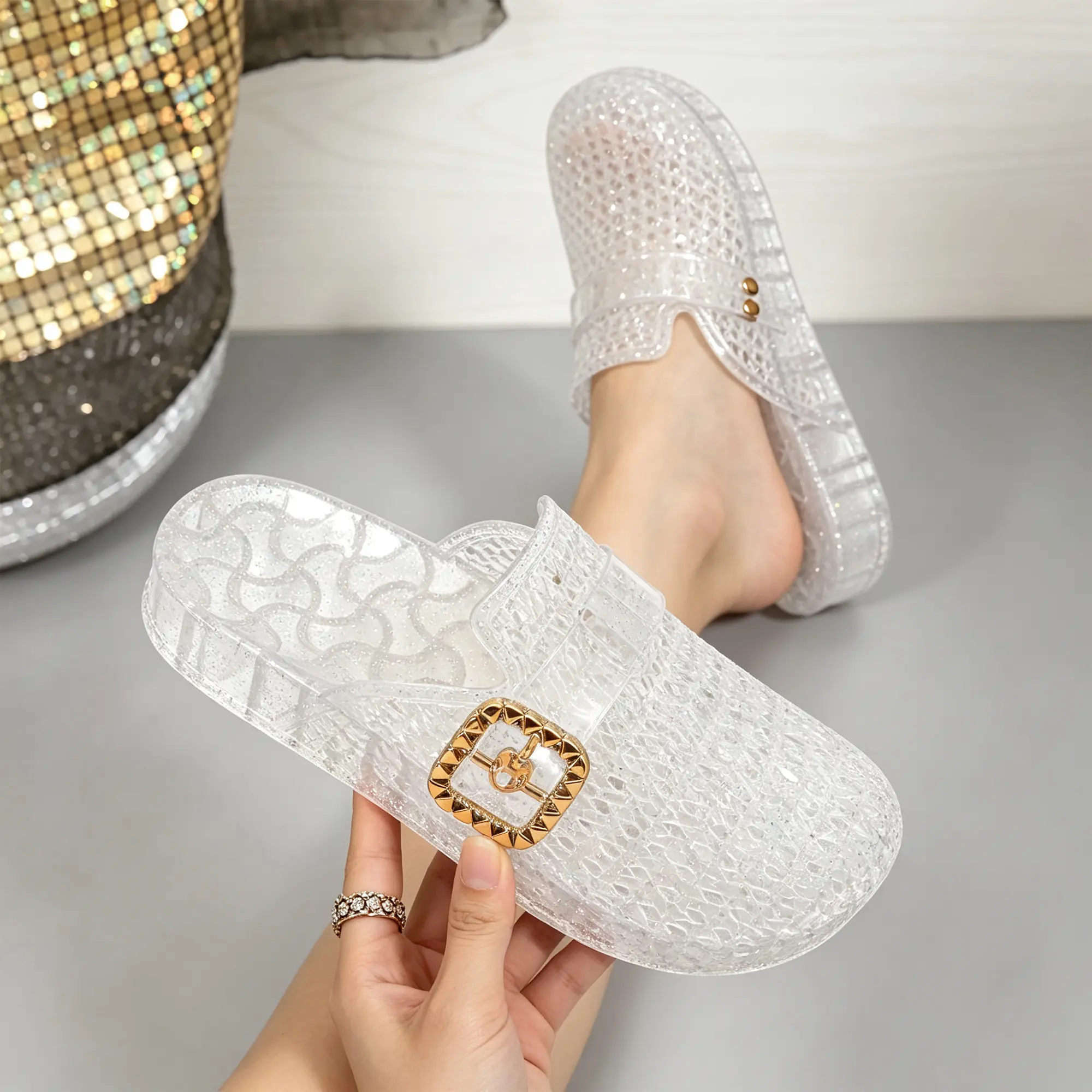 Women's Round Toe PVC Slides - Slip-On Fit, Closed-Toe, Waterproof, Lightweight, Soft-Sole, Breathable Holes, Casual Walking Beach & Bath Shoes