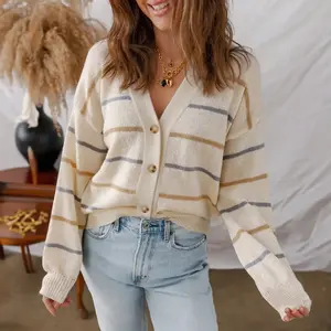 Beige Colorful Striped Buttoned Front V Neck Drop Shoulder Sweater Cardigan Cozy Womenswear