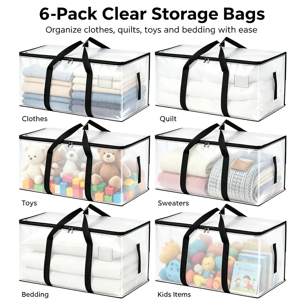 Clear Storage Bags, 6-Pack Heavy-Duty Transparent Organizer Totes with Reinforced Handles & Zippers, Space-Saving Storage Containers for Clothes, Bedding, Quilts, Blankets, Toys, Comforters, Closet Apartment Dorm Home Organization & Moving Supplies
