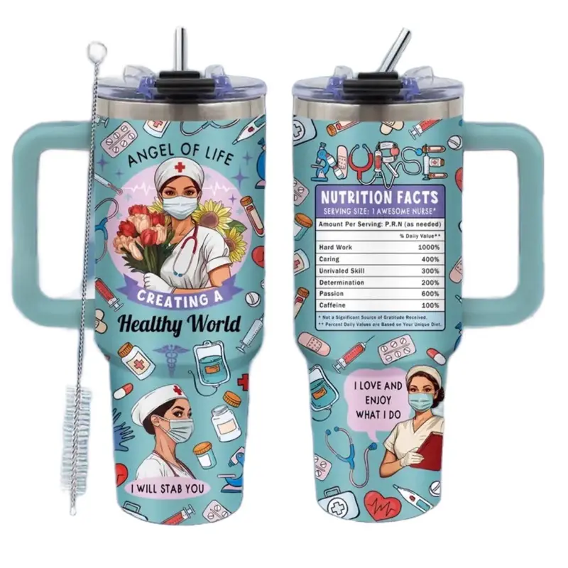 Medical Staff 40oz Vacuum Flasks - Classic Design with Nutrition Facts & "I'll Stick to You" Motif - Versatile Storage Solution for Hydration - Stylish, Beverage Drinkware Leakproof Insulated Tumbler Insulated Tumbler Set