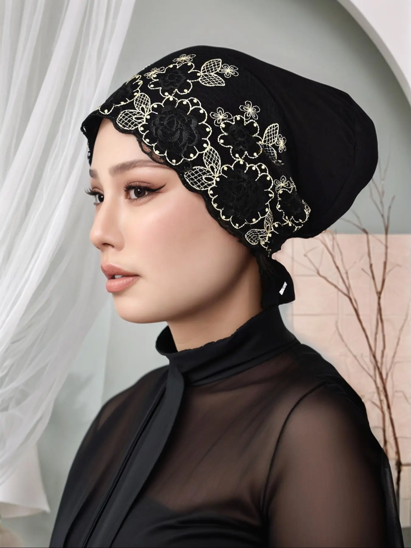 Women's Solid Color Lace Pattern Instant Hijab, Modest Soft Comfortable Breathable Hijab for Daily Wear, Fashionable Muslim Clothing for Women