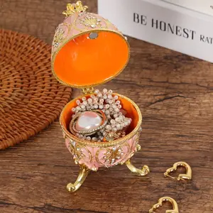 Perfect Gift and Decoration! Vintage Luxury Enamel Russian Easter Egg Jewelry Box, Decorative Metal Trinket Box for Rings and Necklaces, Collectible Desktop Ornament for Home, Office or Display Shelf