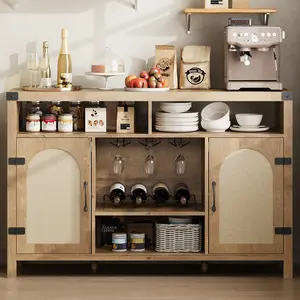 Large Rattan Sideboard Buffet Cabinet with Wine Racks & 3 Drawers – Farmhouse Boho Coffee Bar, Open Storage Shelves, for Dining or Living Room, Sturdyified Woodgrain MDF – Oak