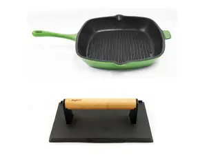 BergHOFF Neo 2pc Cast Iron 11" Grill Pan with Steak Press, Green