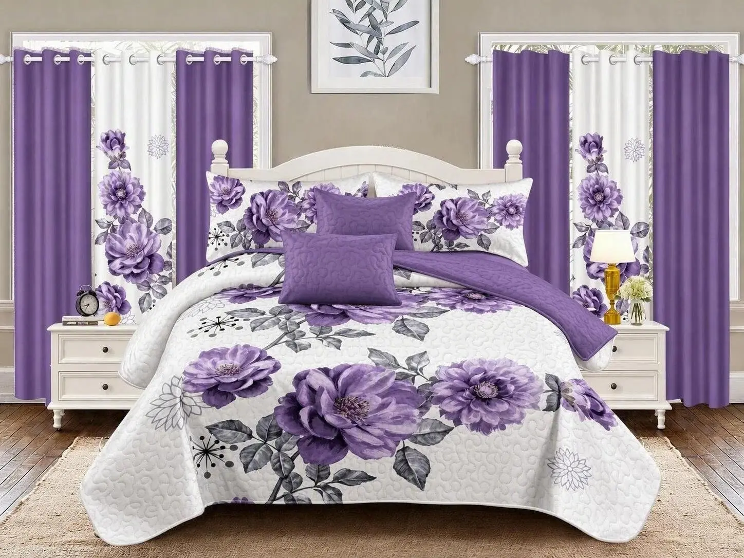 9-Piece Farmhouse Quilted Bedspread Set, Floral Botanical Quilted Bedspread with Pillowcases & Curtains, Thick Plush Soft Bamboo Microfiber, Durable All-Season Bedroom Decor, Queen King Full Size, cortinas para cuarto