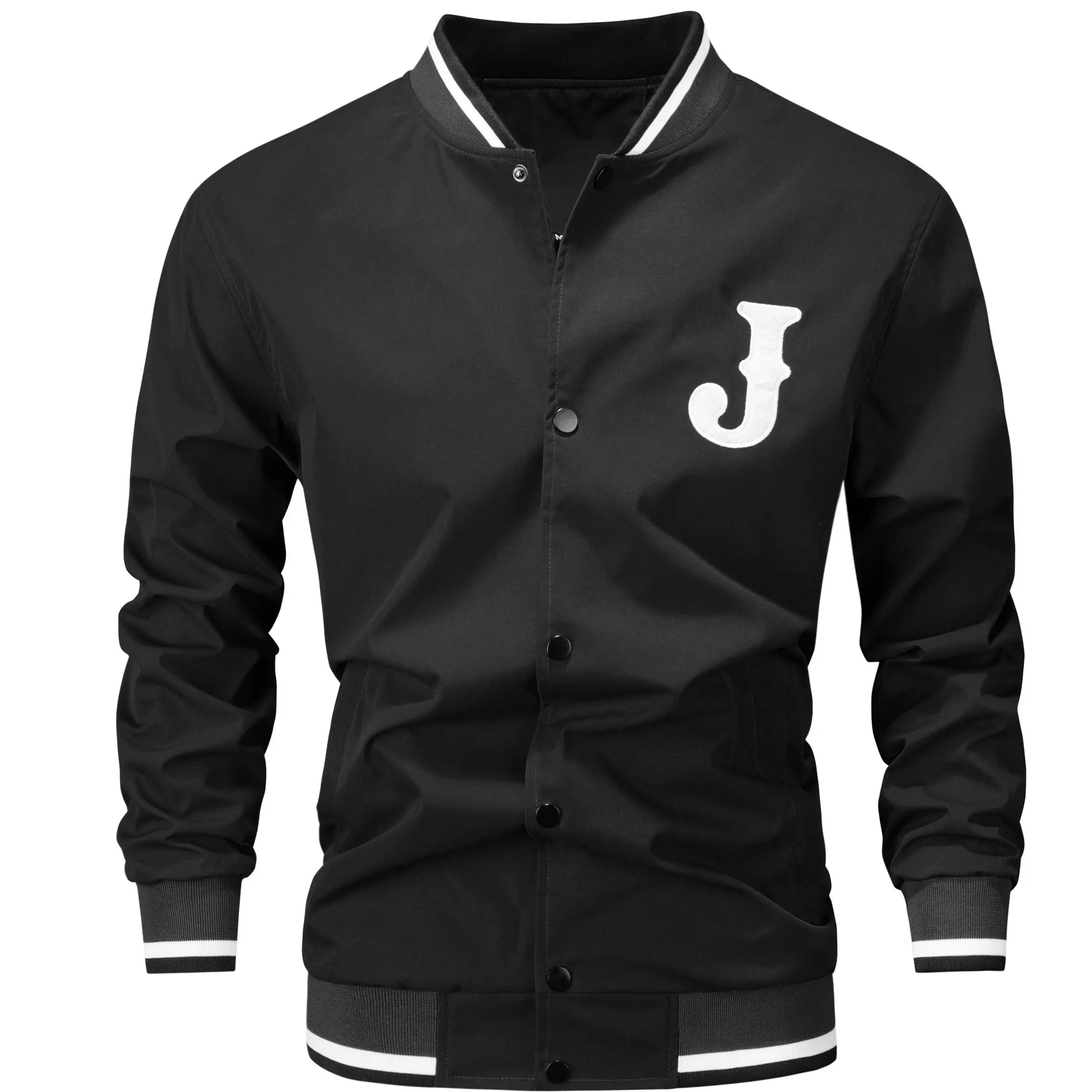 Men's varsity bomber baseball jacket with "J" embroidery, striped rib collar, button-up design