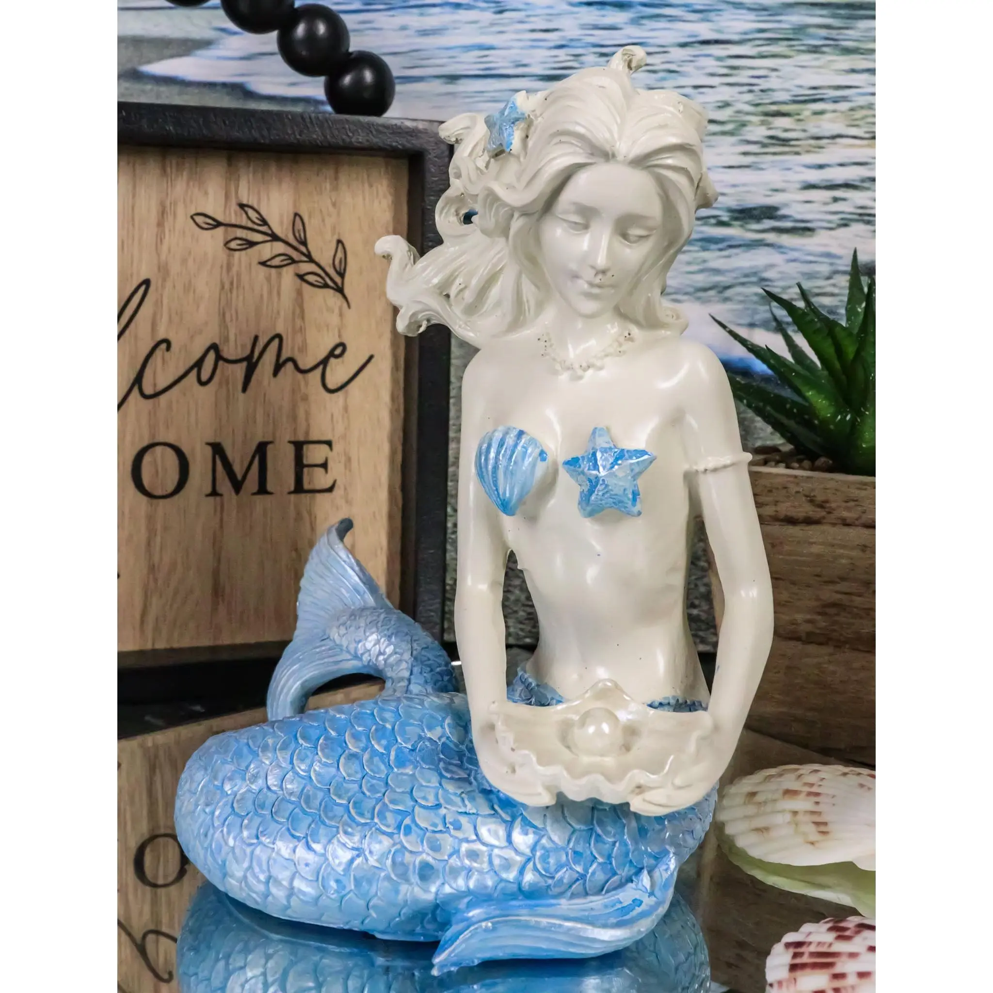 Nautical Ocean Goddess Pretty Mermaid With Blue Tail Holding Pearl Shell Statue