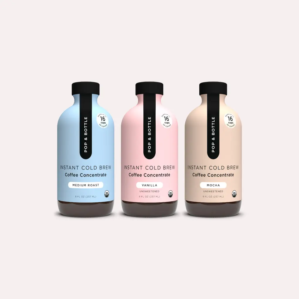 Pop & Bottle Organic Instant Cold Brew Concentrate Sampler Pack - 3 Bottles (48 Cups) - Vanilla, Mocha, Medium Roast - Premium Iced Coffee for Lattes, Vanilla And Coffee
