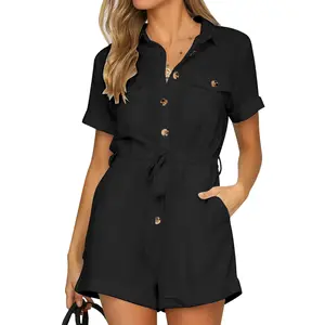 GRAPENT Women's Summer Short Sleeve Button Down Pockets Belted Jumpsuits Rompers Basic Collar Cuffed Hem Ivory Black Navy Blue Gray Red Plum Airy Blue Beryl Green Sunflower Seashell Pink - Womenswear
