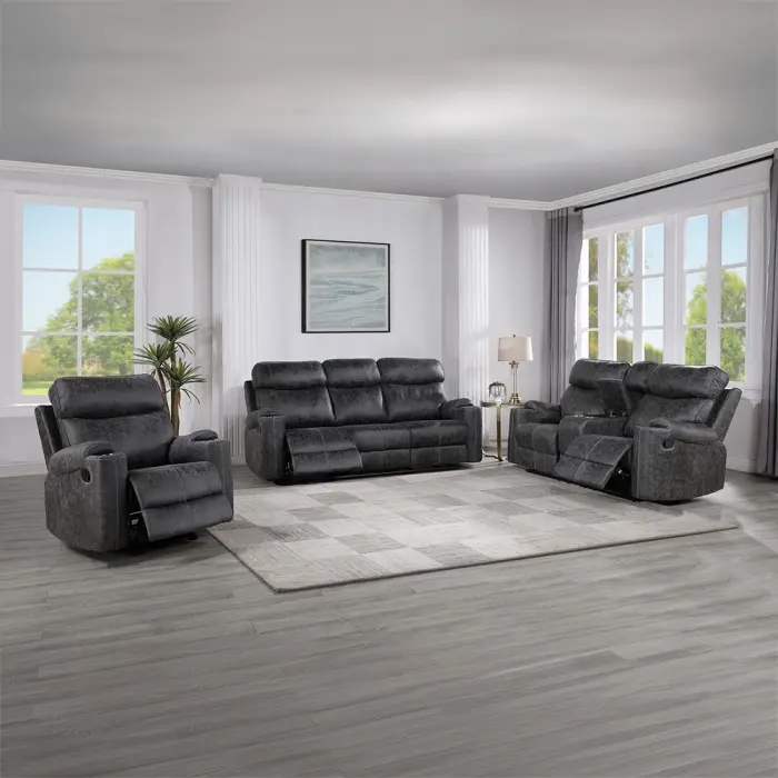 Acme LV02570-71 2-Pc Hirah Dark Grey Polished Microfiber Upholstered Sofa & Love Seat Set - Motion Recliner Ends, Cup Holders, Console Wedge for Modern Homes, Upholstered Sofas