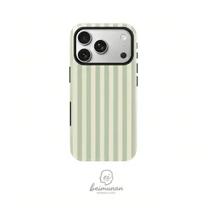Striped pattern phone case， pastel green and white stripe design， minimalist， simple， chic phone case， heavy duty shockproof 2 in 1 protective cover for iPhone 17 16 15 14 13 12 11 Pro Max series holiday gift Casing