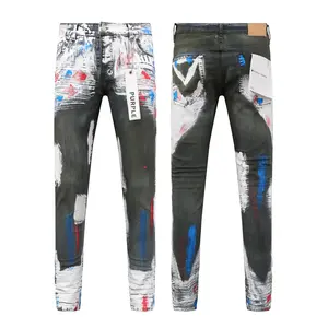 Slim Fit Distressed Paint Splatter Patchwork Jeans Vintage Washed| Y2K Grunge Indie Sleaze Streetwear Denim| Edgy Unisex Tapered Pants for Men Women Festival & Layering OOTD