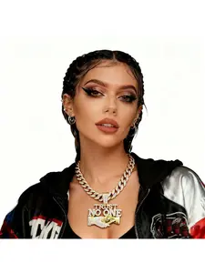 Hip-Hop Letter TRUST NO ONE Alloy Pendant, Personalized Handshake Necklace for Men and Women, Unique Trendy Cuban Chain Necklace