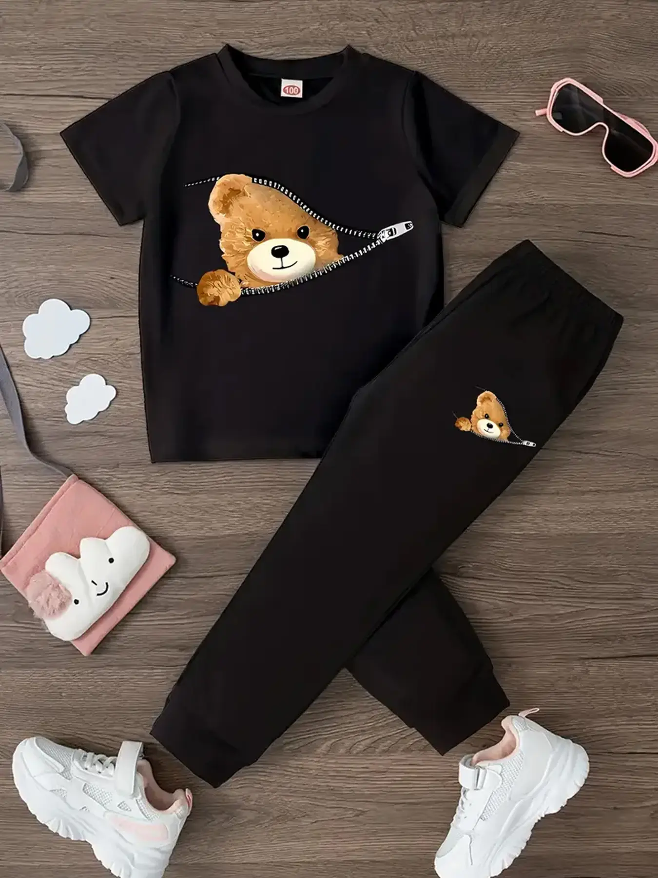 Girls' Cute Bear Print Zipper Short Sleeve T-Shirt & Sweatpants Set, Spring Summer Fall Casual, Comfortable Kids Clothing