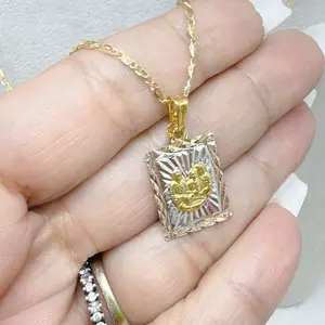 Cadena de Bautizo Medalla Cuadrada 3 Colores en Oro Laminado Ado - Elegant Design with Gold Accents and Traditional Elements fake chains