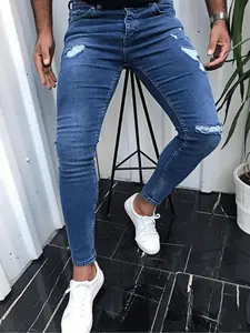 Men's Slim Fit Ripped Cuffed Jeans, Casual Comfy Denim Pants for Daily Wear, Fashion Men's Bottoms for All Seasons, Cotton