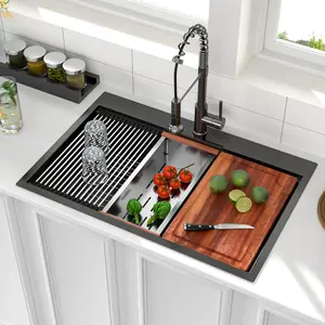 Logmey Black Kitchen Sink 33"x22" , Drop-In Topmount Workstation Kitchen Sink, 16 Gauge SUS304 Stainless Steel Single Bowl, Commercial Grade Bronze Black Gunmetal Black Finish Kitchen Sink with Workstation Ledge, 33"x22"x9", Memorial day