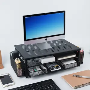 Dual-Layer Monitor Stand with Drawer & 2 Pen Holders Desktop Storage Organizer for Laptop PC Printer Office Supplies Desk Accessory