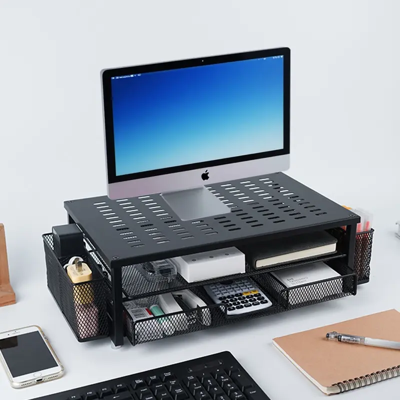 Dual-Layer Rectangle Monitor Stand with Drawer, 2 Pen Holders - Durable, Load-Bearing Stable Home Office Desk Organizer for 24-Inch Monitors, Laptops, Printers, Assembly Required