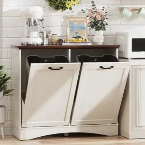 【Does Not Include Trash Can】 Spurgehom Double Tilt-Out Trash Can Cabinet - Holds 2 x 10 Gallon Bags. Wooden Dog-Proof Garbage & Laundry Hamper Storage Unit for Kitchen, Bathroom, or Living Room