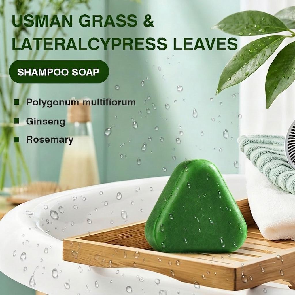 Nature Triangle Shampoo Bar Nature Seven Green Soap Shampoo Usman Grass for Healthy Hair Growth Calming Strengthens Hair Reduces Loss for Women & Men