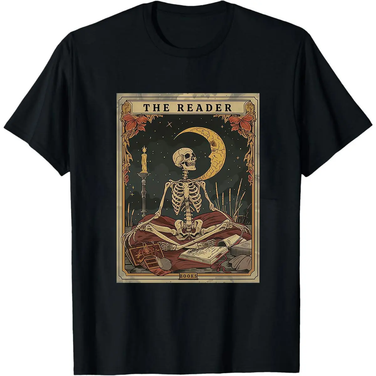Vintage Skeleton Reader T-Shirt, a Casual Unisex Shortsleeve Top in Soft Cotton with Spooky Vibe Graphic Prints, Tshirt