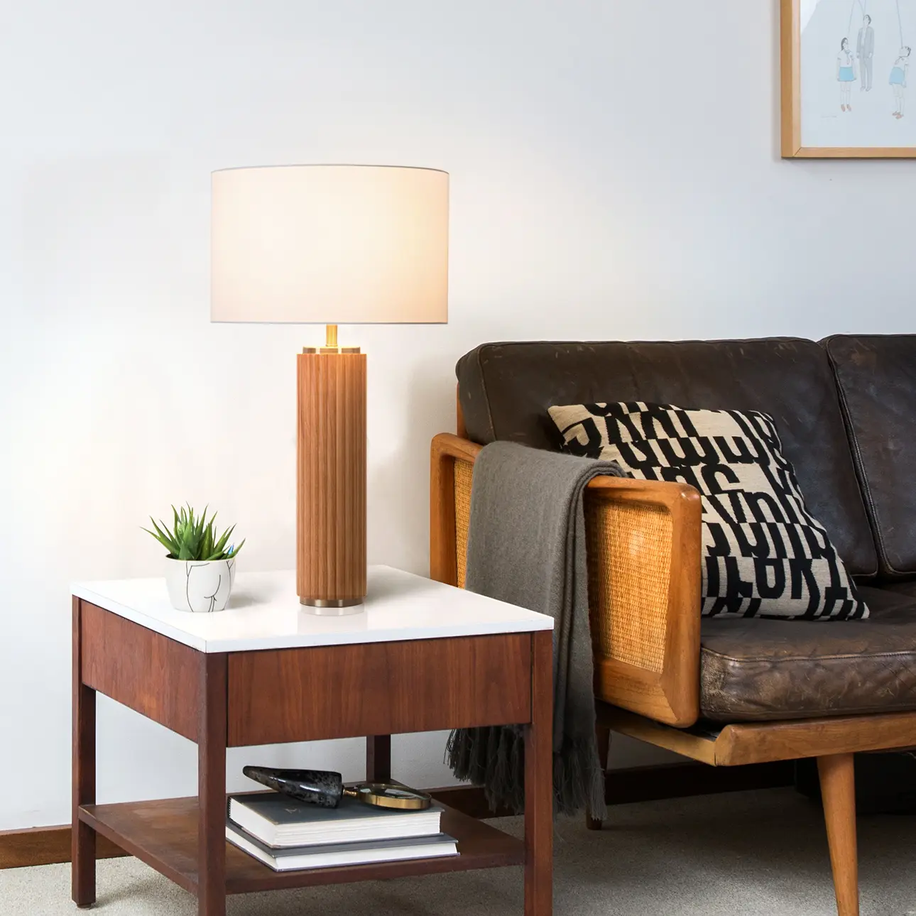 Tambo Table Lamp - Natural Ash Wood & Weathered Brass, White Linen Shade