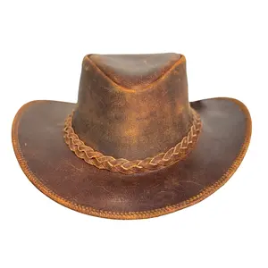Vintage Gunner Leather Cowboy Hat for Men & Women – Handmade Western Outback Hat with Braided Band, Shapeable Brim