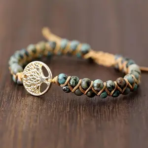Natural African Turquoise Beads Double-Layer Handcrafted Bracelet - Golden Tree of Life Charm, Vacation-Style, Perfect for Daily Wear or Parties