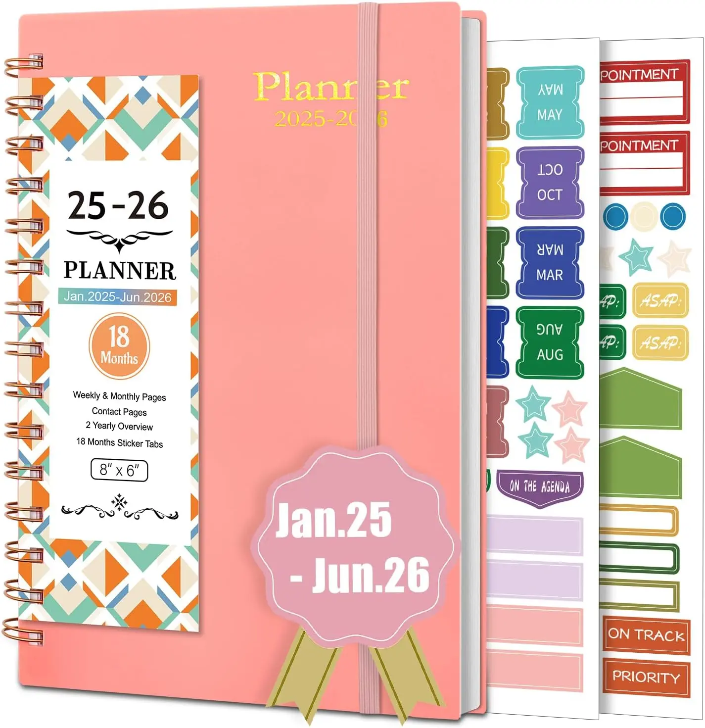 2025-2026 Weekly & Monthly Planner Notebook with Stickers, 18 Month Planner for Work School, Sweet Pink