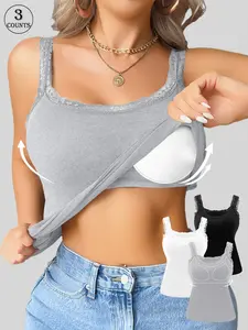 3 piece women sleeveless high stretch tank top lace trim round neck soft padded cami fashionhack