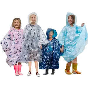 Disposable Rain Ponchos for Kids 4 Pack Emergency Hooded Ponchos With Fun Designs for Boys and Girls