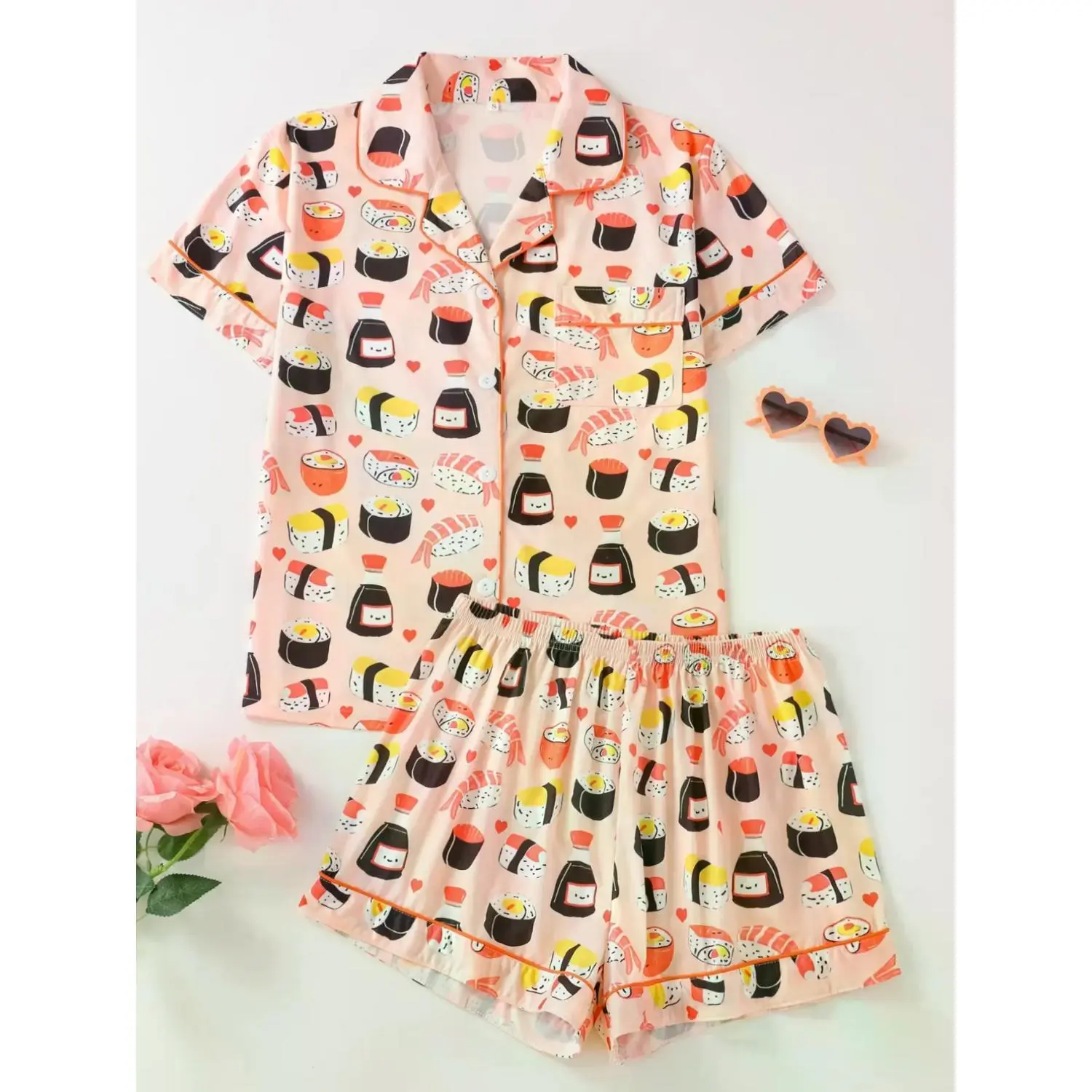 Women's Sushi Print Pajama Set: Collared Button-Up Short Sleeve Top & Comfy Loose Shorts - Fun Sweet Sleepwear Loungewear PJs