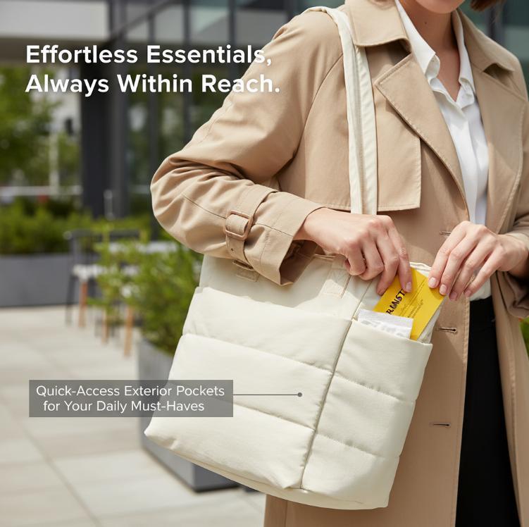 Five Season Home 20L Puffy Quilted Tote Bag for Women, Lightweight Bubble Nylon Laptop Shoulder Bag with Multiple Compartments for Work, Travel, and College