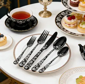 20PCS Black Silverware Set for 4, 304 Stainless Steel Goth Cutlery with Floral Engraved Design, Mirror Polished Fork Knife Spoon Set, Aesthetic Dinnerware for Home, Party & Unique Gift Utensils