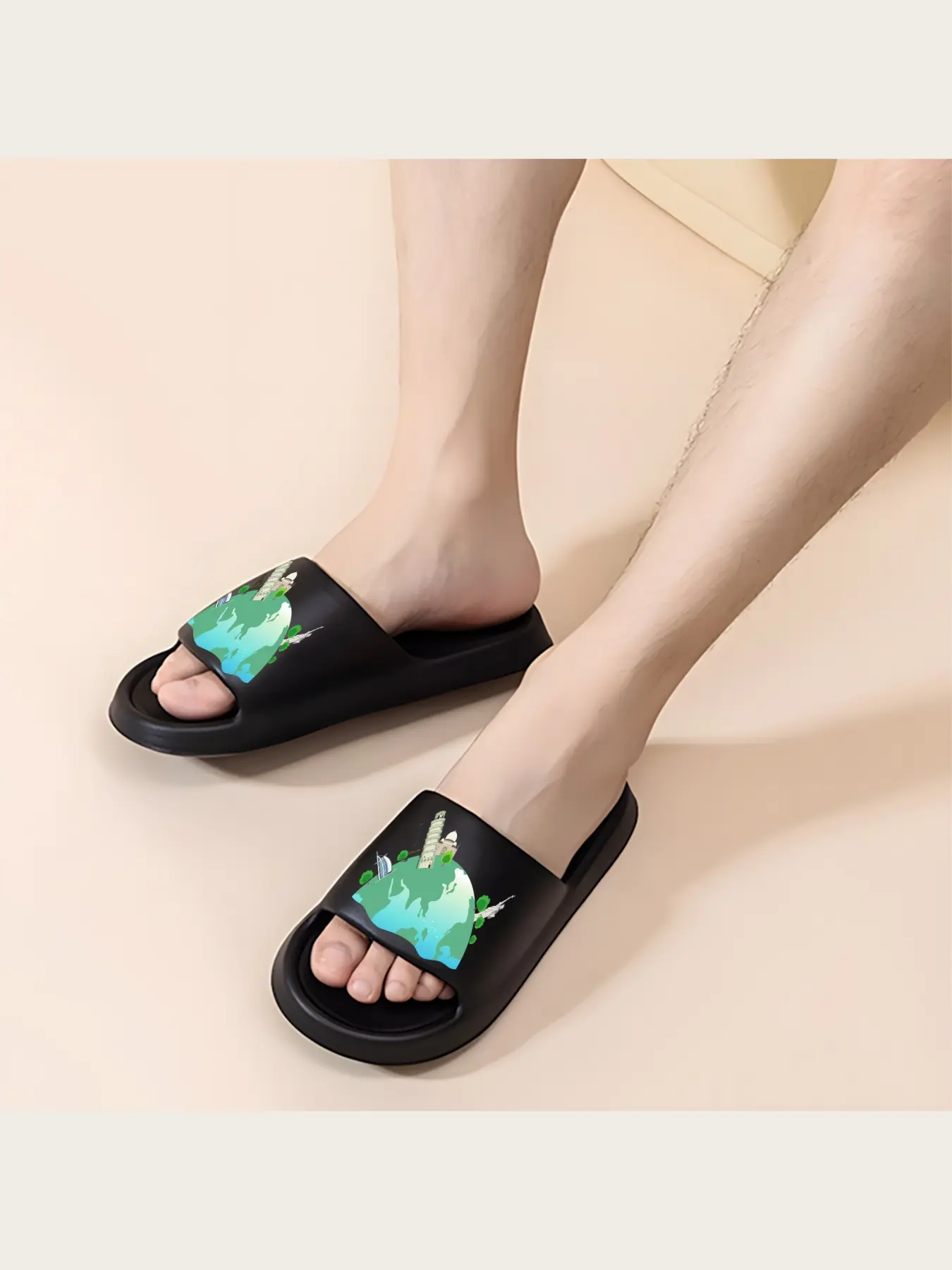 Global Landmarks Print Slippers Comfortable Indoor Outdoor Shoes with Eiffel Tower Pisa Tower Taj Mahal Statue of Liberty Dubai Architecture Design Lightweight Non Slip House Slippers for Men Women Tra