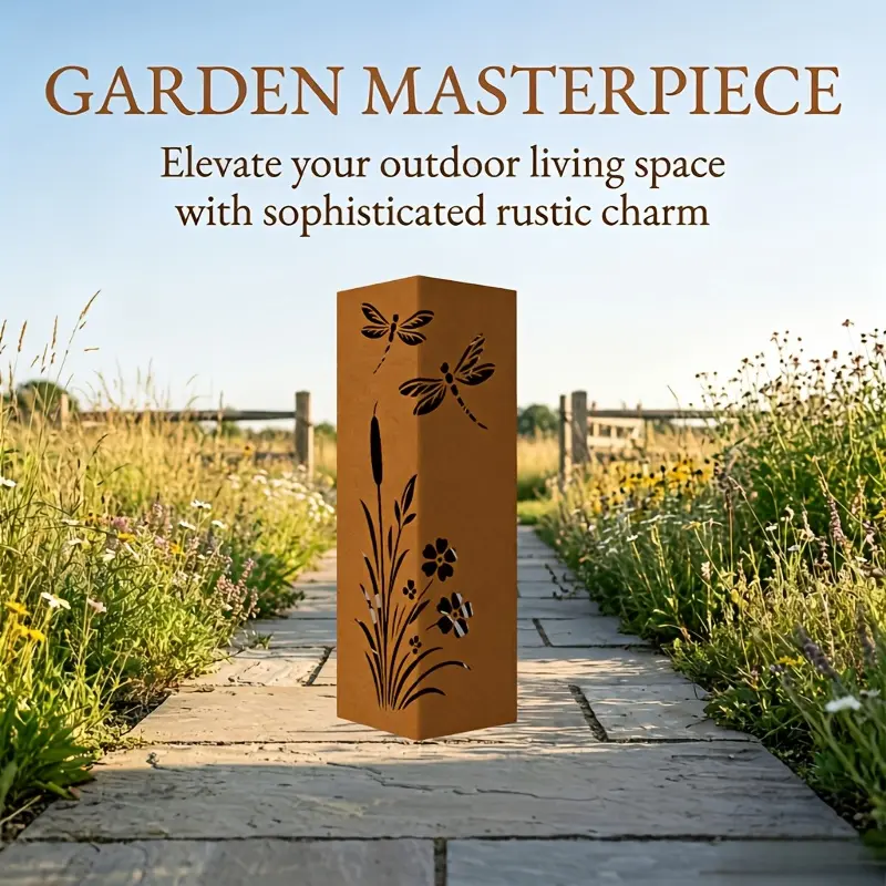 1 Rusty Metal Garden Post | Rusty Dragonfly and Flower Element Garden Art, Garden Decoration, Spring and Summer Country Outdoor Decorative Post