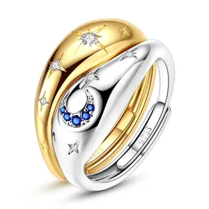 LAZA Sun and Moon Matching Ring Set, 2 PCs, 925 Sterling Silver, Two-Tone 14K Gold Plated, Celestial Star & Crescent Moon Wavy Dome Rings, Adjustable Interlocking Promise Jewelry, Gifts for Best Friends & Couples