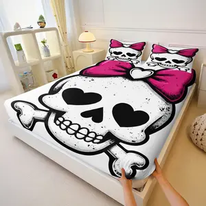 Bow Skull Fitted Sheet Set, 1 Fitted Sheet + 2 Pillowcases, Y2K Gothic Girly Bedding, Alternative Aesthetic Skull Bed Linen