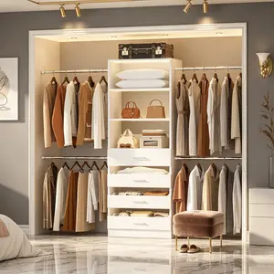 Aheaplus 4-9Ft Adjustable Closet System with 4 Drawers and 4 Hanging Rods, Wooden Walk-in Closet Organizer Wardrobe Clothes Rack, Garment Rack