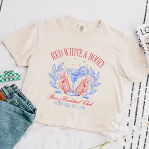 Red White 4th of July Cropped Boxy Regular T-Shirt Ivory USA America Party Casual Comfort