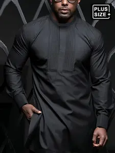 Plus Size Men's Black Pleated Dashiki Set, Long Sleeve, Elastic Waist Pants, African Style Casual Suit, Shirt & Trousers Set, Suitable For Party, Date, Everyday Wear