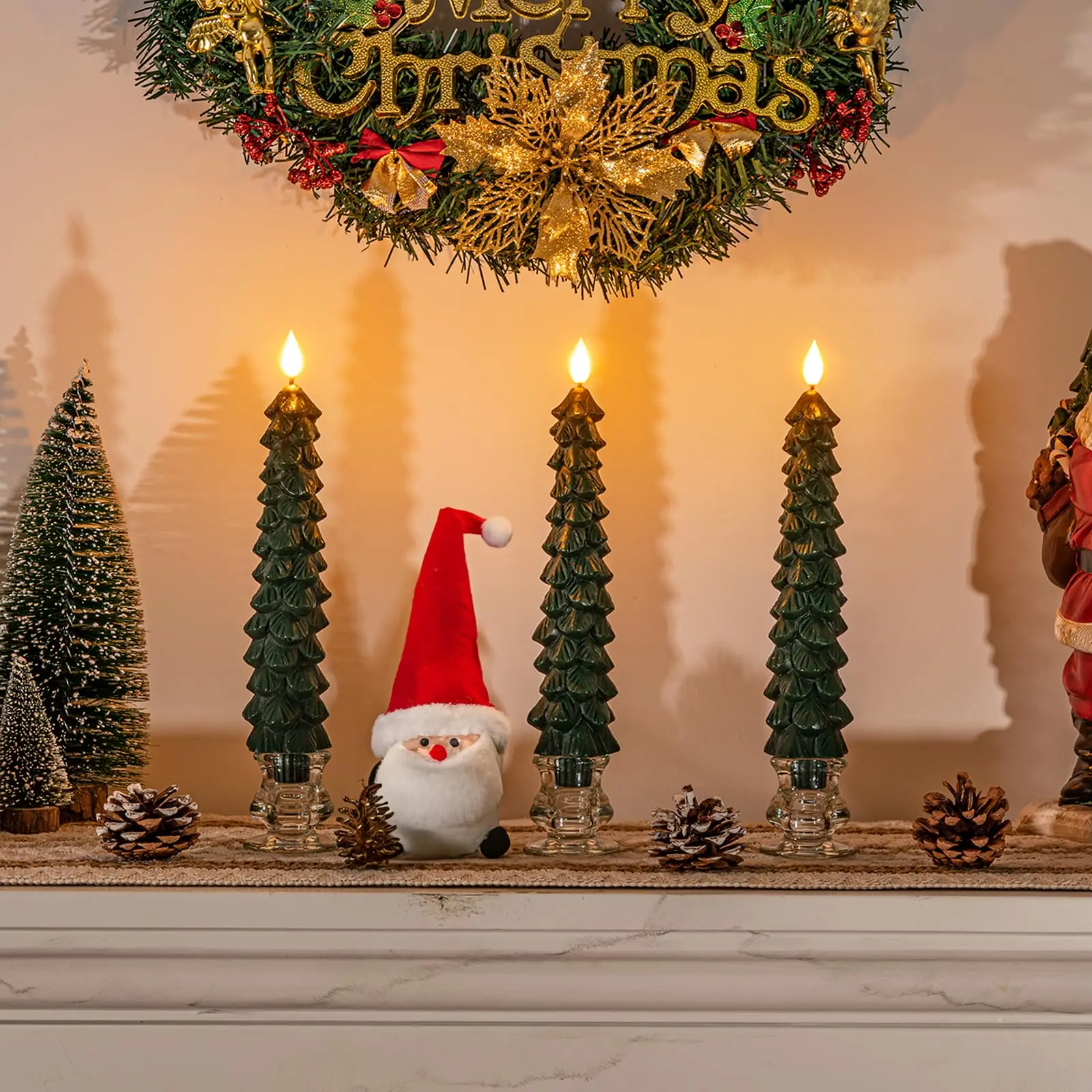 Christmas Tree Candles with Remote, Waxy Flameless Taper Candles Flickering, Green LED Candlesticks Battery Operated for New Year Celebration Holiday Decorations 9.7 Inches