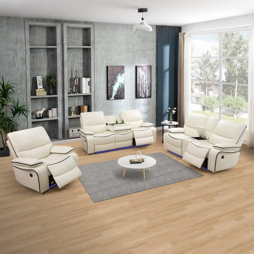 Leather Power Recliner Sofa Set with LED, Living Room Furniture Set, Leather Sofa Set with USB Port Storage Console Cup Holder for Office Living Room Home (Cream White-3)